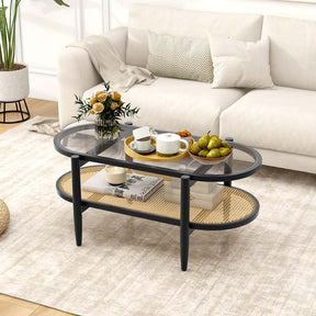 2-Tier Oval Boho Coffee Table with Tempered Glass Top, Rattan Shelf & Acacia Wood Frame, Mid Century Modern Center Table for Living Room Office