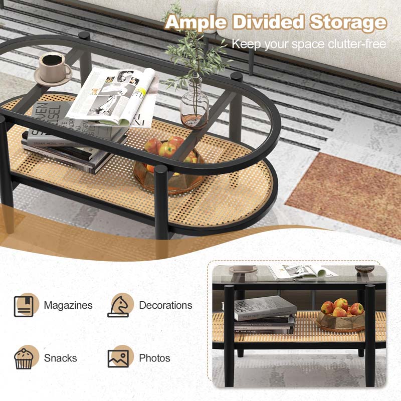 2-Tier Oval Boho Coffee Table with Tempered Glass Top, Rattan Shelf & Acacia Wood Frame, Mid Century Modern Center Table for Living Room Office