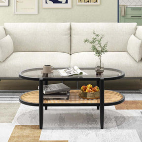 2-Tier Oval Boho Coffee Table with Tempered Glass Top, Rattan Shelf & Acacia Wood Frame, Mid Century Modern Center Table for Living Room Office