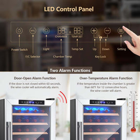 20 Inch 33 Bottles Wine Cooler Refrigerator Built-In or Freestanding Mini Wine Fridge with 2-Layer Tempered Glass Door & Dual Alarm Function