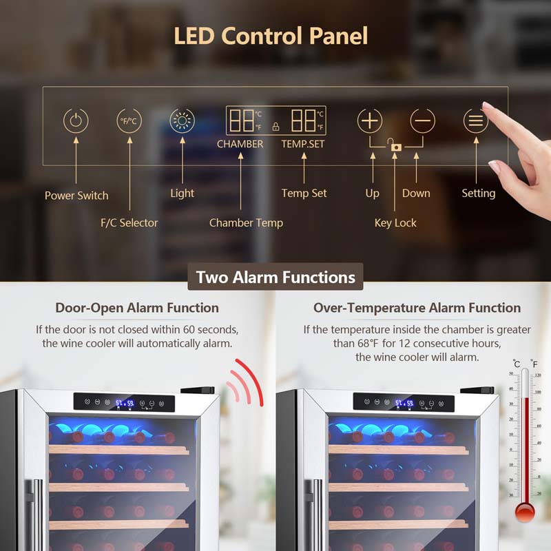 20 Inch 33 Bottles Wine Cooler Refrigerator Built-In or Freestanding Mini Wine Fridge with 2-Layer Tempered Glass Door & Dual Alarm Function