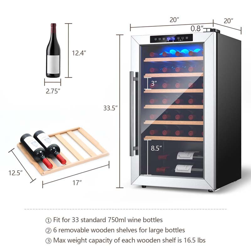 20 Inch 33 Bottles Wine Cooler Refrigerator Built-In or Freestanding Mini Wine Fridge with 2-Layer Tempered Glass Door & Dual Alarm Function