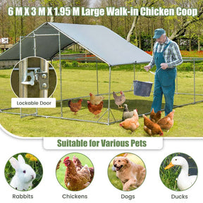 20FT Large Metal Chicken Coop Walk-in Poultry Cage with Waterproof & Sun-Proof Cover, Half Spire Duck Rabbit Hen Run House for Outdoor Backyard Farm
