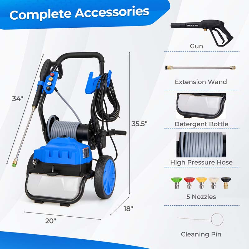 2300 PSI 1.8 GPM Electric Pressure Washer, Portable High Pressure Power Washer with Wheels, 5 Quick Connect Nozzles, Soap Bottle, 21 FT Hose