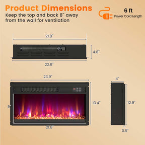 18/23/26" Electric Fireplace Insert, 1500W Recessed Fireplace Heater with Remote Control, 0.5-9H Timer, Adjustable Flame & Ember Bed Color
