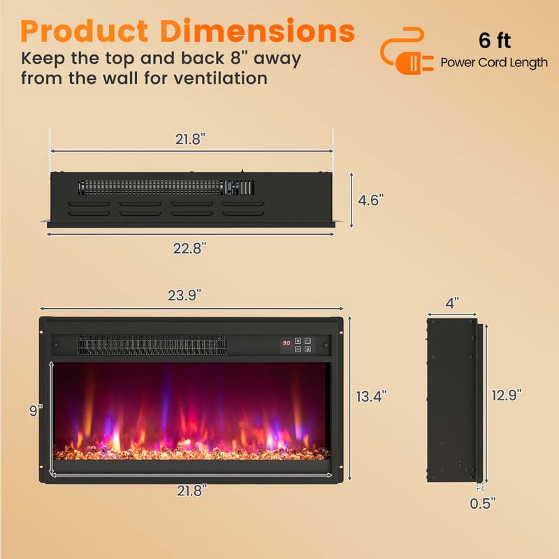 18/23/26" Electric Fireplace Insert, 1500W Recessed Fireplace Heater with Remote Control, 0.5-9H Timer, Adjustable Flame & Ember Bed Color