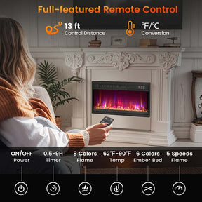 18/23/26" Electric Fireplace Insert, 1500W Recessed Fireplace Heater with Remote Control, 0.5-9H Timer, Adjustable Flame & Ember Bed Color