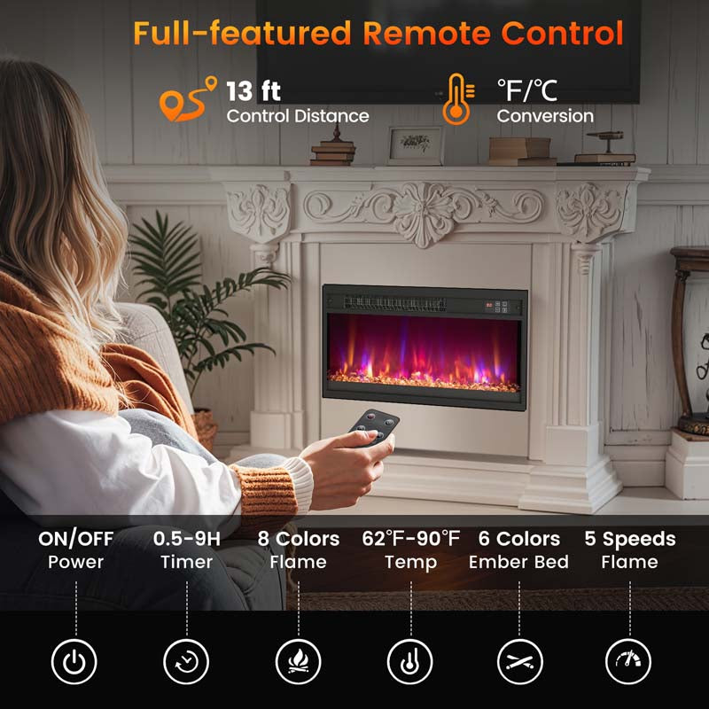 18/23/26" Electric Fireplace Insert, 1500W Recessed Fireplace Heater with Remote Control, 0.5-9H Timer, Adjustable Flame & Ember Bed Color