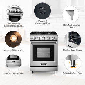 24" Freestanding Dual Fuels Natural Gas Range with 4 Burners Cooktop & 3.73 Cu.Ft. Convection Oven, Storage Drawer