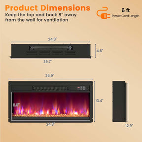 18/23/26" Electric Fireplace Insert, 1500W Recessed Fireplace Heater with Remote Control, 0.5-9H Timer, Adjustable Flame & Ember Bed Color