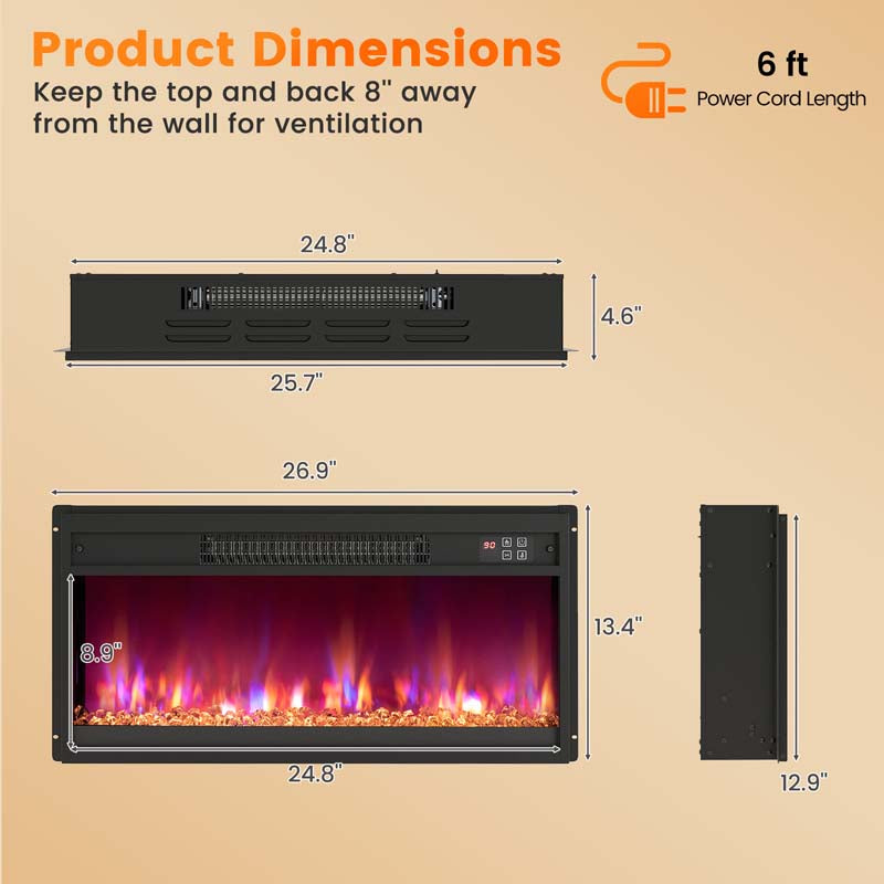 18/23/26" Electric Fireplace Insert, 1500W Recessed Fireplace Heater with Remote Control, 0.5-9H Timer, Adjustable Flame & Ember Bed Color
