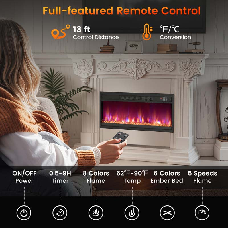 18/23/26" Electric Fireplace Insert, 1500W Recessed Fireplace Heater with Remote Control, 0.5-9H Timer, Adjustable Flame & Ember Bed Color