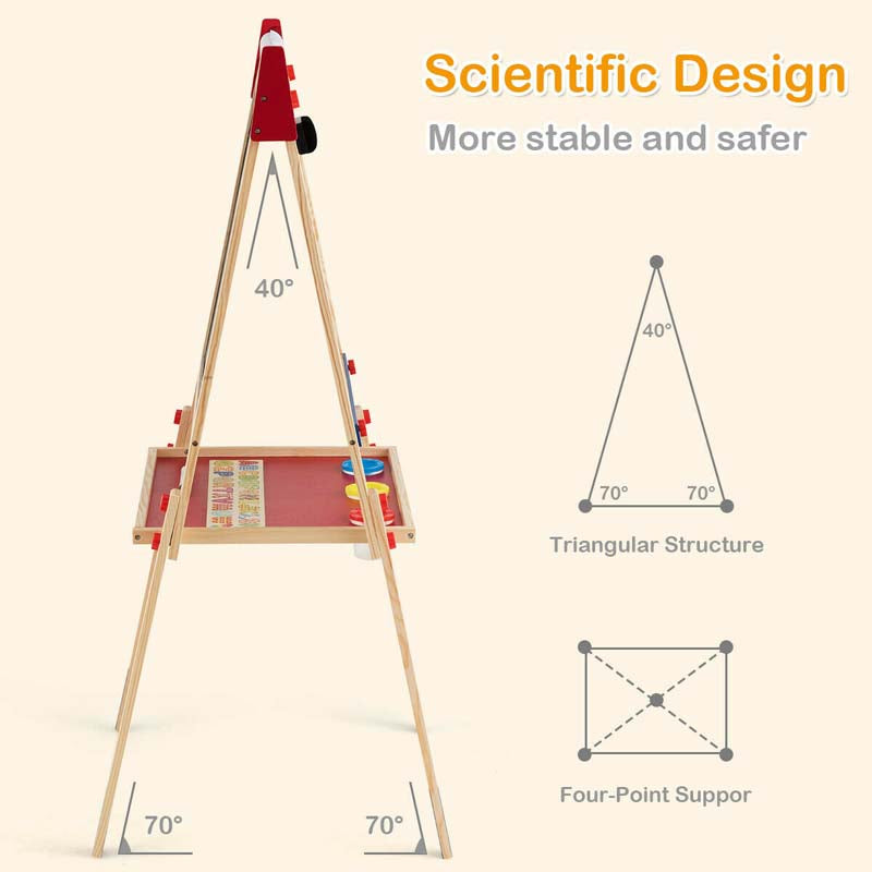 3-in-1 Wooden Kid's Art Easel, Height Adjustable Double Sided Drawing Easel with Magnetic Chalkboard, Whiteboard & Paper Roll for Toddlers