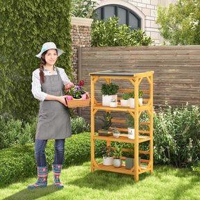 54'' Tall 3-Tier Wooden Plant Stand with Weatherproof Asphalt Roof, DIY Painting Outdoor Storage Shelves