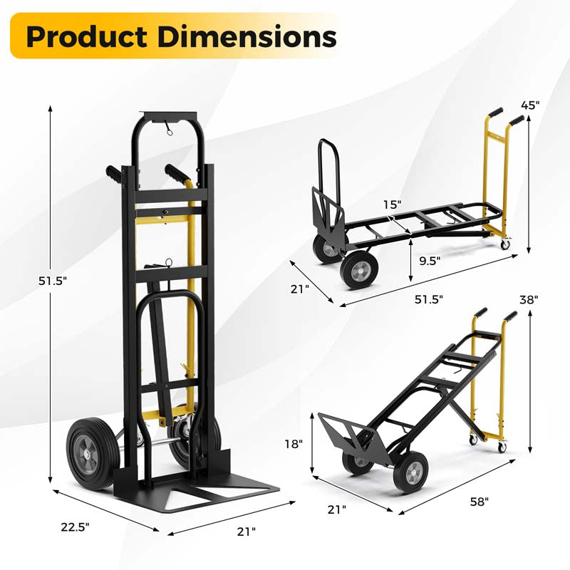 3-in-1 Convertible Hand Truck, 1000 LBS Heavy-Duty Metal Folding Dolly Cart with 4 Rubber Wheels & Safety Straps for Moving Home, Warehouse, Shop