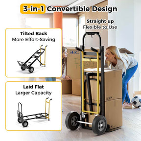 3-in-1 Convertible Hand Truck, 1000 LBS Heavy-Duty Metal Folding Dolly Cart with 4 Rubber Wheels & Safety Straps for Moving Home, Warehouse, Shop