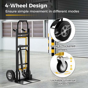 3-in-1 Convertible Hand Truck, 1000 LBS Heavy-Duty Metal Folding Dolly Cart with 4 Rubber Wheels & Safety Straps for Moving Home, Warehouse, Shop