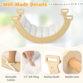 3-in-1 Kids Climber Ladder & Rocker Board with Cushion Pad, Wooden Ladder Arch Climbing Toy for Toddlers