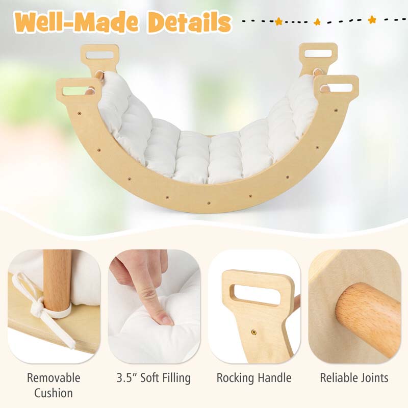 3-in-1 Kids Climber Ladder & Rocker Board with Cushion Pad, Wooden Ladder Arch Climbing Toy for Toddlers