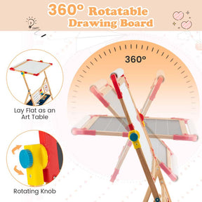 3-in-1 Kids Wooden Art Easel, 360° Rotating Double-Sided Adjustable Drawing Board with Paper Roll, Whiteboard & Chalkboard, Standing Easel for Toddler