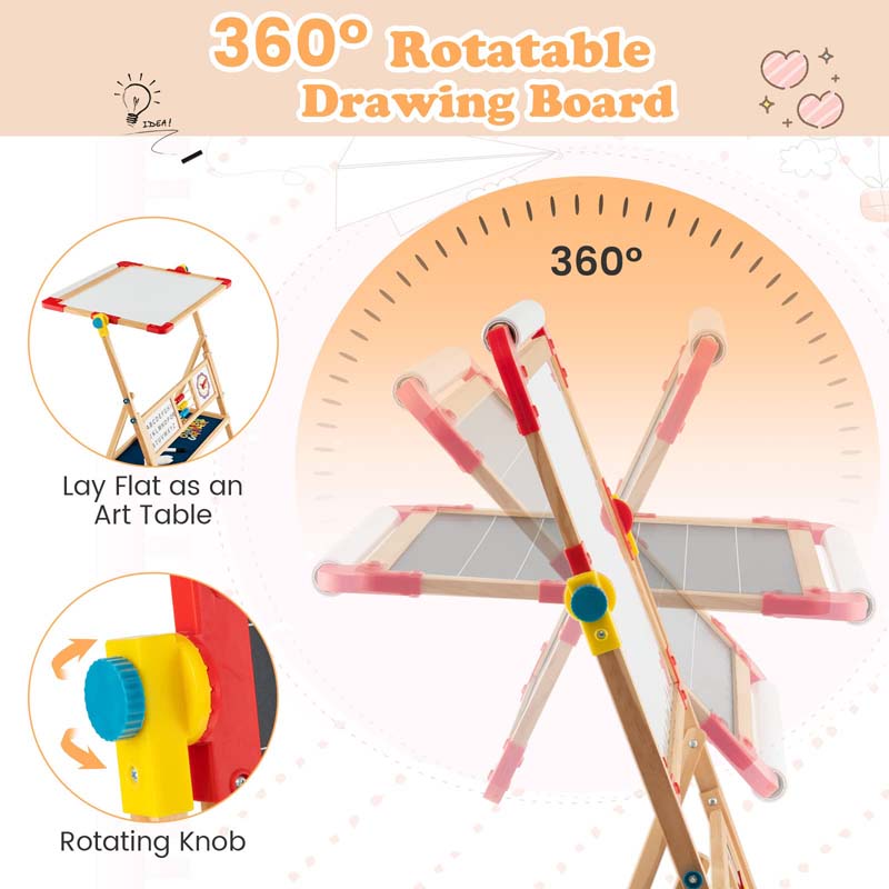 3-in-1 Kids Wooden Art Easel, 360° Rotating Double-Sided Adjustable Drawing Board with Paper Roll, Whiteboard & Chalkboard, Standing Easel for Toddler