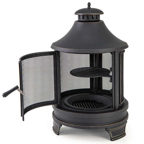 30" 2-in-1 Metal Chiminea Fire Pit with Adjustable Grill & Chimney, Outdoor Wood Burning Chiminea Fireplace with Spark Screen for Patio Backyard BBQ