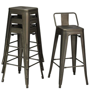 Industrial Stackable Metal Bar Stools Set of 4, 30" Low Back Bar Height Chairs with Removable Back & Footrest for Kitchen Island Indoor Outdoor