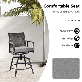 360 Swivel Bar Stools Patio Counter Height Bar Chair with PE Rattan Backrest, Metal Frame, Removable Seat Cushion & Footrest
