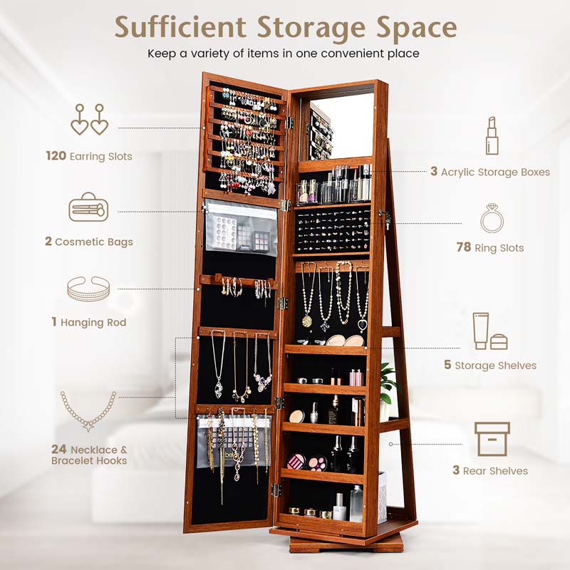 360° Swivel Jewelry Armoire with Higher Full Length Mirror, 3-in-1 Freestanding Lockable Jewelry Cabinet Organizer