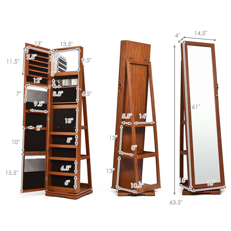 360° Swivel Jewelry Armoire with Higher Full Length Mirror, 3-in-1 Freestanding Lockable Jewelry Cabinet Organizer