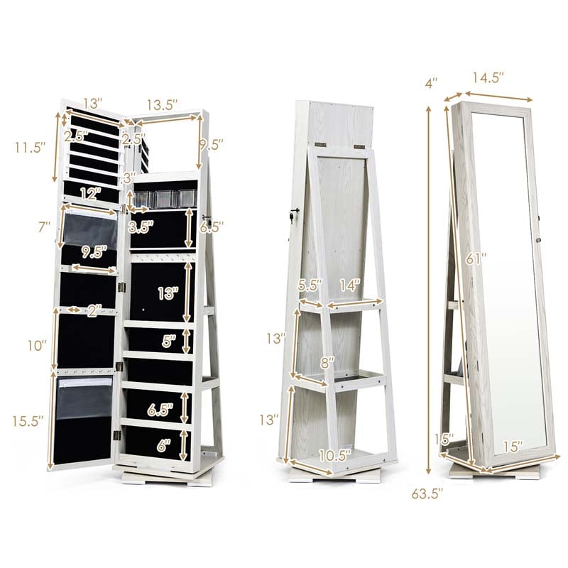 360° Swivel Jewelry Armoire with Higher Full Length Mirror, 3-in-1 Freestanding Lockable Jewelry Cabinet Organizer