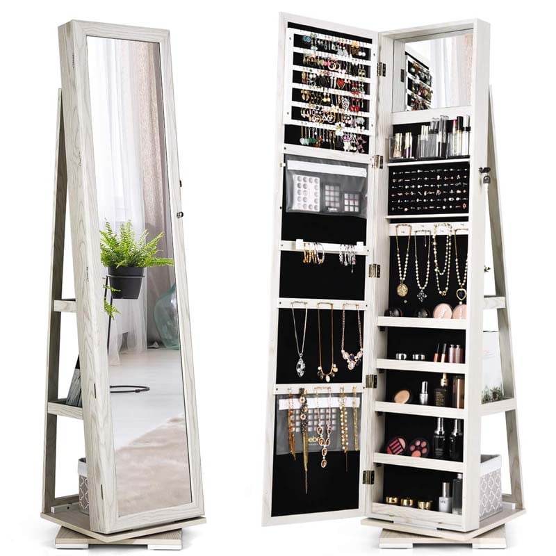 360° Swivel Jewelry Armoire with Higher Full Length Mirror, 3-in-1 Freestanding Lockable Jewelry Cabinet Organizer