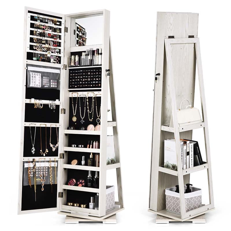 360° Swivel Jewelry Armoire with Higher Full Length Mirror, 3-in-1 Freestanding Lockable Jewelry Cabinet Organizer