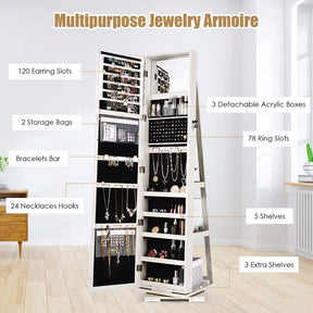 360° Swivel Jewelry Armoire with Higher Full Length Mirror, 3-in-1 Freestanding Lockable Jewelry Cabinet Organizer