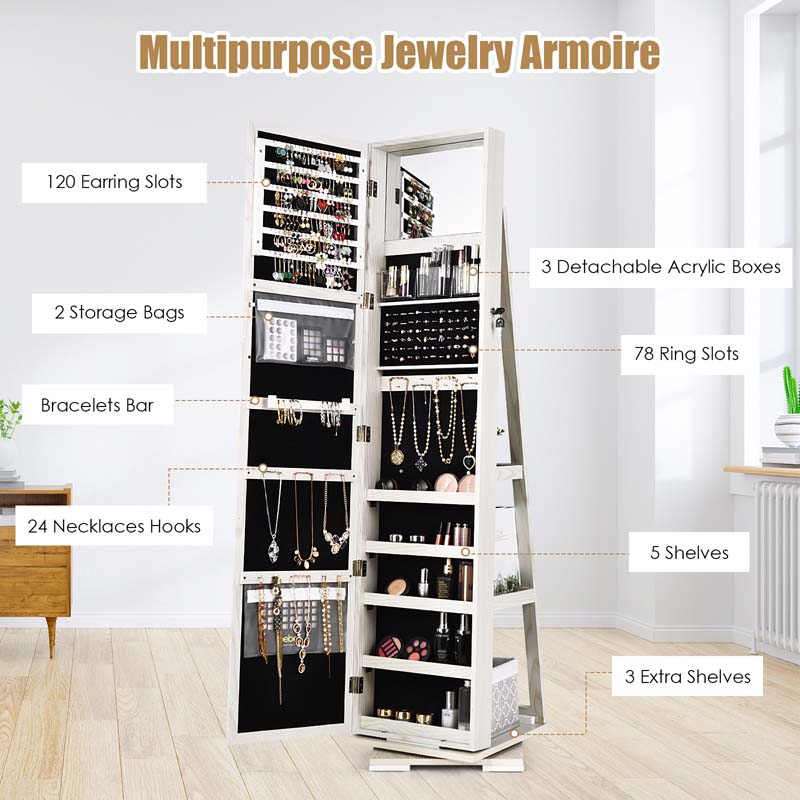 360° Swivel Jewelry Armoire with Higher Full Length Mirror, 3-in-1 Freestanding Lockable Jewelry Cabinet Organizer