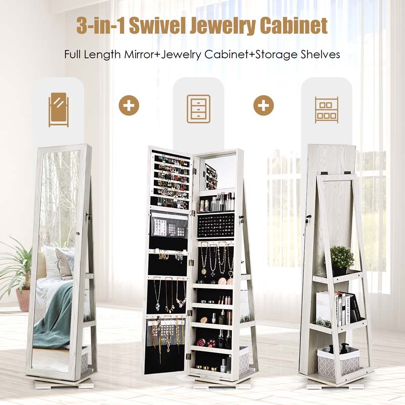 360° Swivel Jewelry Armoire with Higher Full Length Mirror, 3-in-1 Freestanding Lockable Jewelry Cabinet Organizer