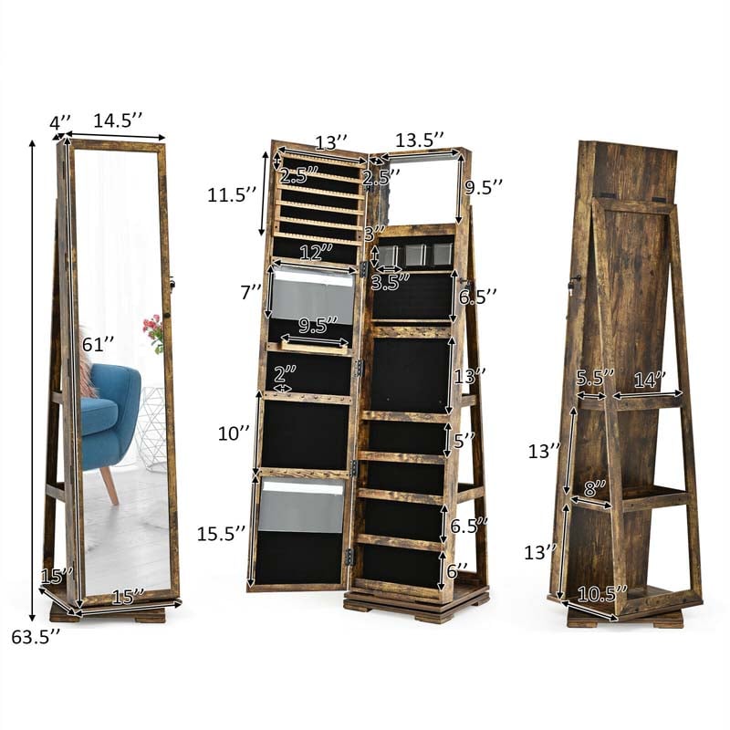 360° Swivel Jewelry Armoire with Higher Full Length Mirror, 3-in-1 Freestanding Lockable Jewelry Cabinet Organizer