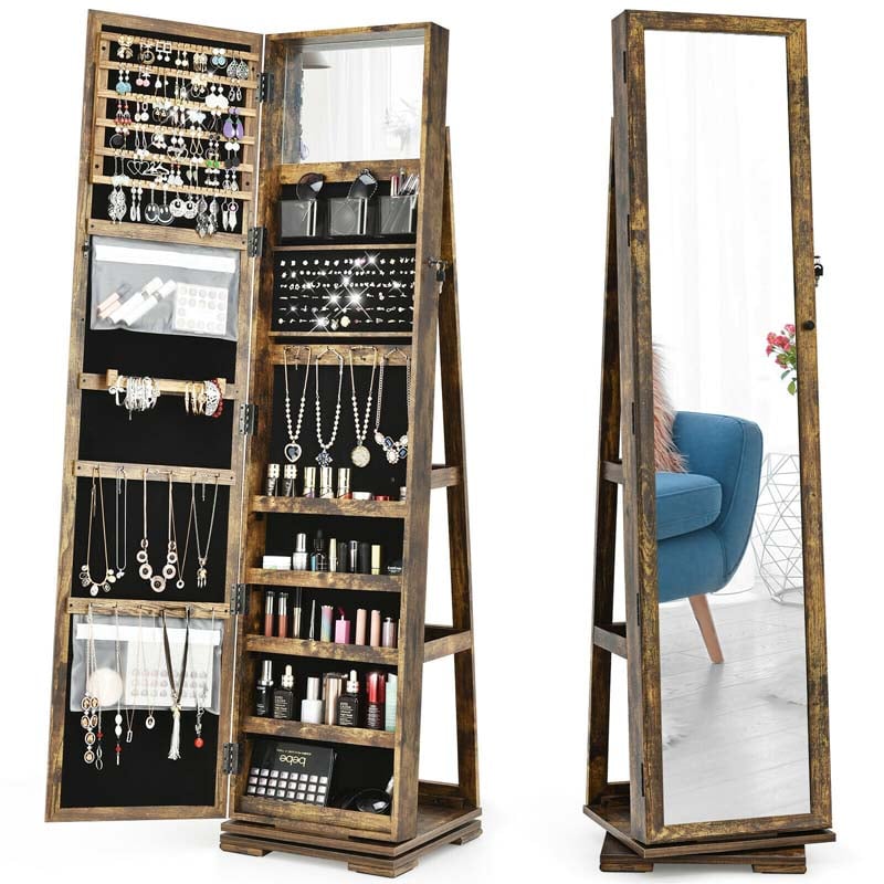 360° Swivel Jewelry Armoire with Higher Full Length Mirror, 3-in-1 Freestanding Lockable Jewelry Cabinet Organizer