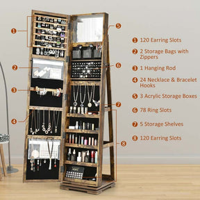 360° Swivel Jewelry Armoire with Higher Full Length Mirror, 3-in-1 Freestanding Lockable Jewelry Cabinet Organizer