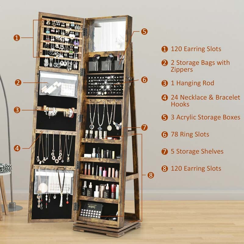 360° Swivel Jewelry Armoire with Higher Full Length Mirror, 3-in-1 Freestanding Lockable Jewelry Cabinet Organizer