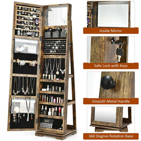 360° Swivel Jewelry Armoire with Higher Full Length Mirror, 3-in-1 Freestanding Lockable Jewelry Cabinet Organizer
