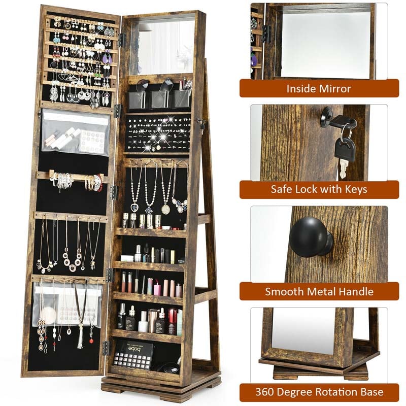 360° Swivel Jewelry Armoire with Higher Full Length Mirror, 3-in-1 Freestanding Lockable Jewelry Cabinet Organizer