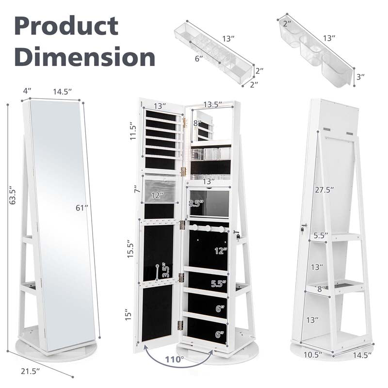 360° Swivel Jewelry Armoire w/ Full-Length Mirror, 3-Color LED Lights, Rear Storage Shelves, Lockable Standing Jewelry Cabinet Organizer