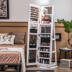 360° Swivel Jewelry Armoire w/ Full-Length Mirror, 3-Color LED Lights, Rear Storage Shelves, Lockable Standing Jewelry Cabinet Organizer