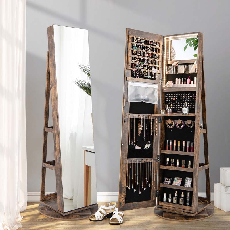 360° Swivel Jewelry Armoire w/ Full-Length Mirror, 3-Color LED Lights, Rear Storage Shelves, Lockable Standing Jewelry Cabinet Organizer