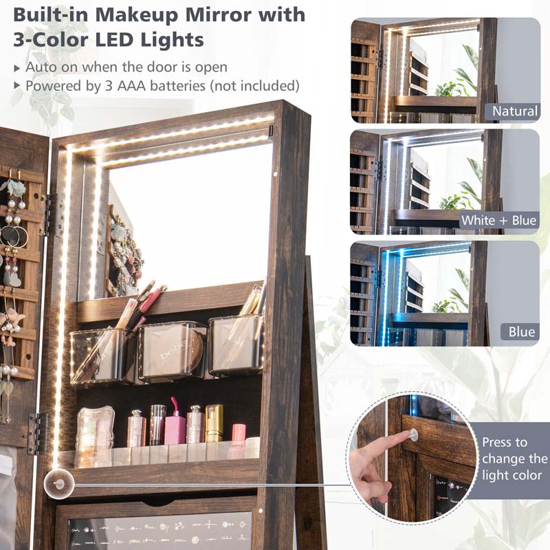 360° Swivel Jewelry Armoire w/ Full-Length Mirror, 3-Color LED Lights, Rear Storage Shelves, Lockable Standing Jewelry Cabinet Organizer