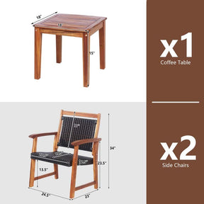 3 Pcs Rattan Patio Bistro Set Acacia Wood Outdoor Conversation Set with 2 Chairs & 1 Side Table