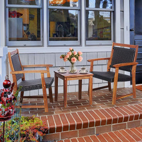 3 Pcs Rattan Patio Bistro Set Acacia Wood Outdoor Conversation Set with 2 Chairs & 1 Side Table