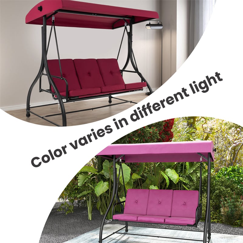 3-Person Porch Swing with Adjustable Canopy, Removable Cushions & Steel Frame, 2-in-1 Convertible Patio Swing Bed for Backyard, Poolside
