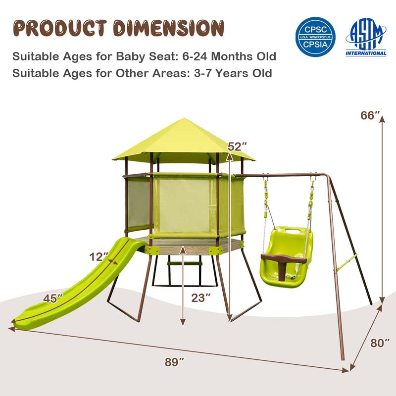4-in-1 Heavy Duty Metal Swing Set for Kids with Slide, Covered Playhouse Fort, Adjustable Baby Seat & Ladder, Outdoor Playset Swing Set for Backyard